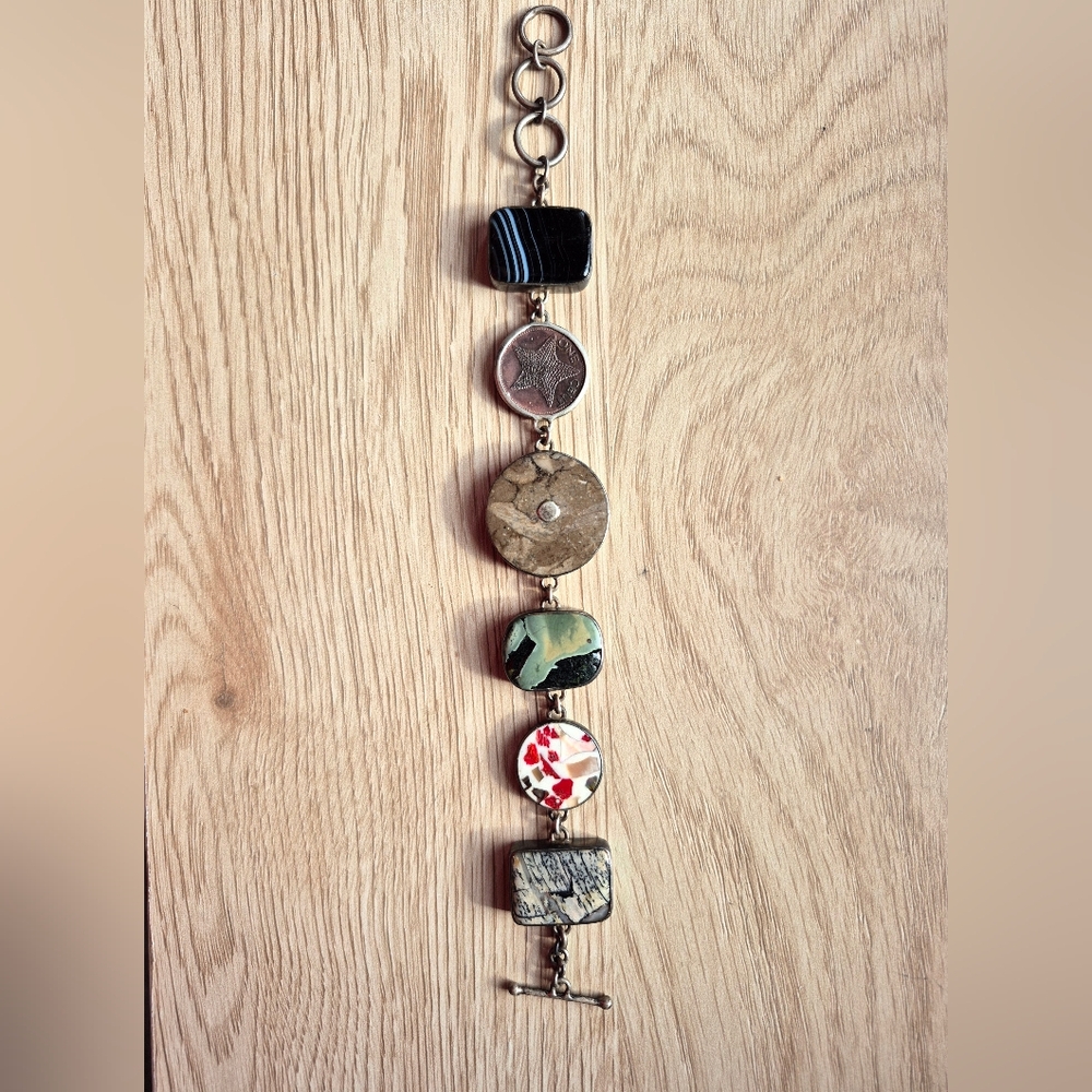 925 Silver&Multi-stoned vintage toggle bracelet made by Sandy Baker 8.268"
